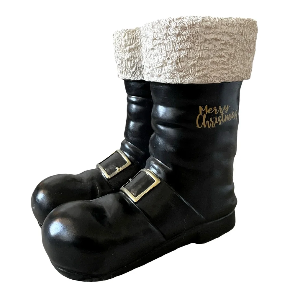 Santa Boots MERRY CHRISTMAS Container Planter Holiday Black Gold White Holiday